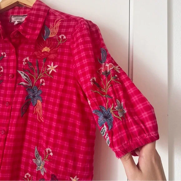 Johnny Was Pink Embroidered Gingham Button Down Blouse - Picture 4 of 11